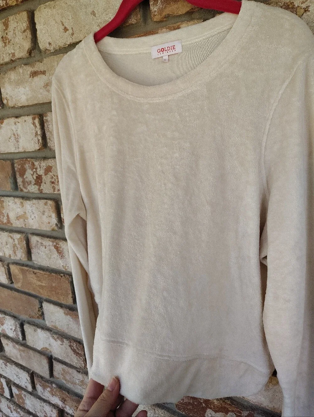 Goldie LeWinter Off White Velour Cropped Long Sleeve Top Sweatshirt Sz L